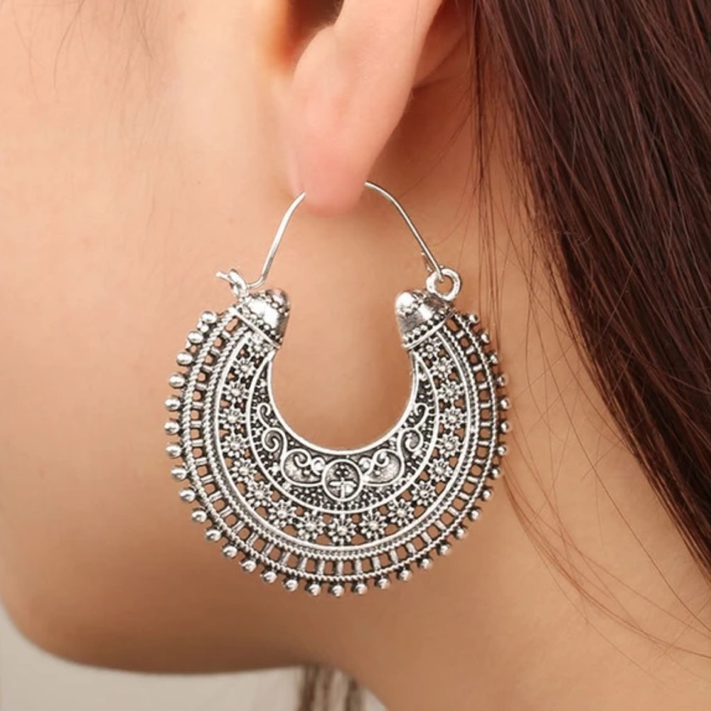 New Wildflower Wander Mandala Antique Sterling Silver Hollow Out Hoop Earrings - Picture 5 of 16